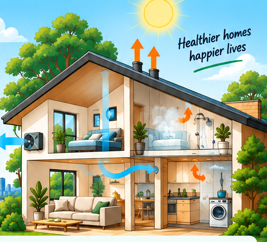 Cutaway New Zealand home showing fresh-air supply and warm, humid air being exhausted